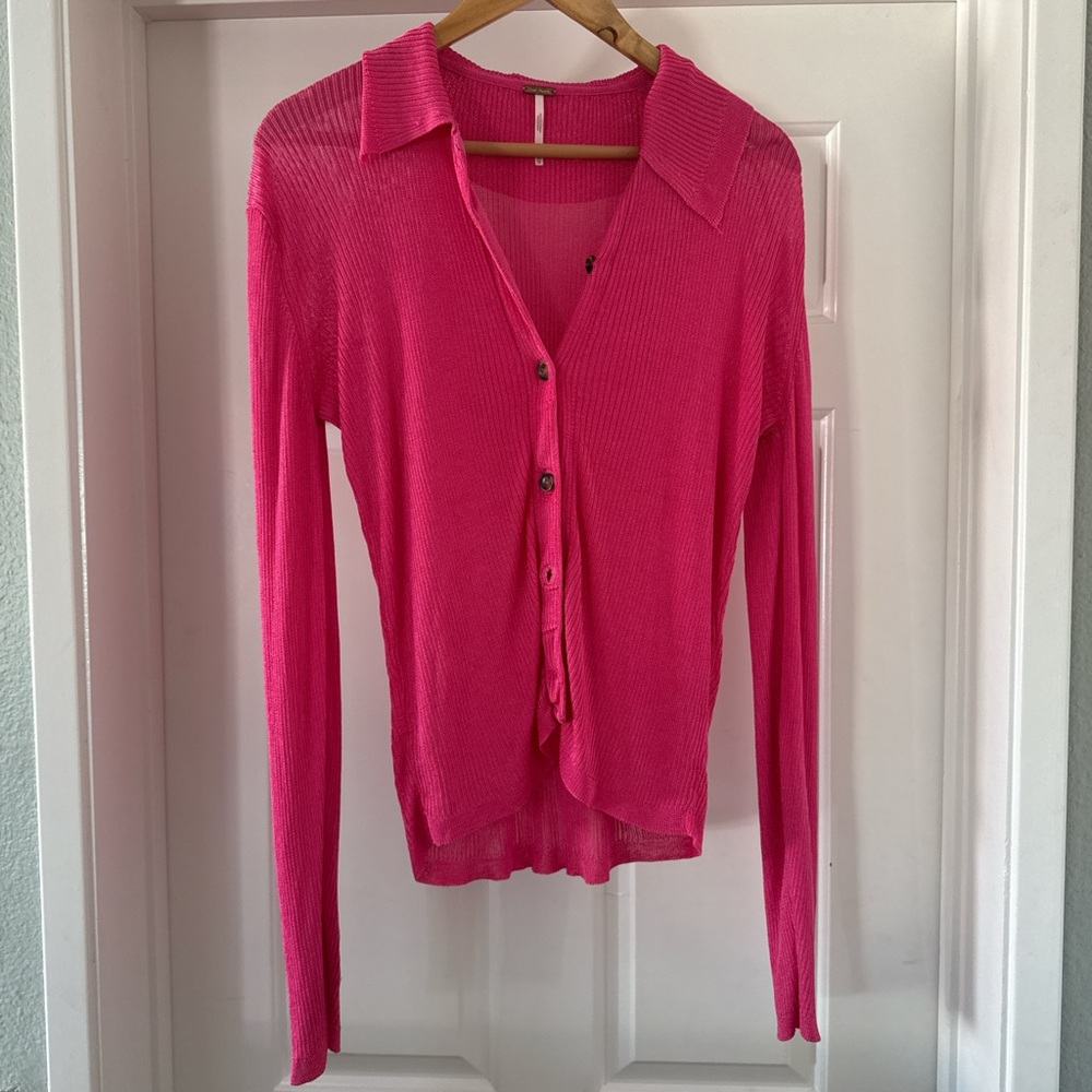 Free People Pink Sheer Button-Up Cardigan